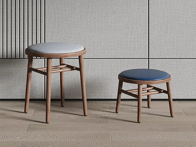 Modern Minimalist Wooden Stools With Light Gray And Blue Seats Against Neutral Wall And Floor 3d model