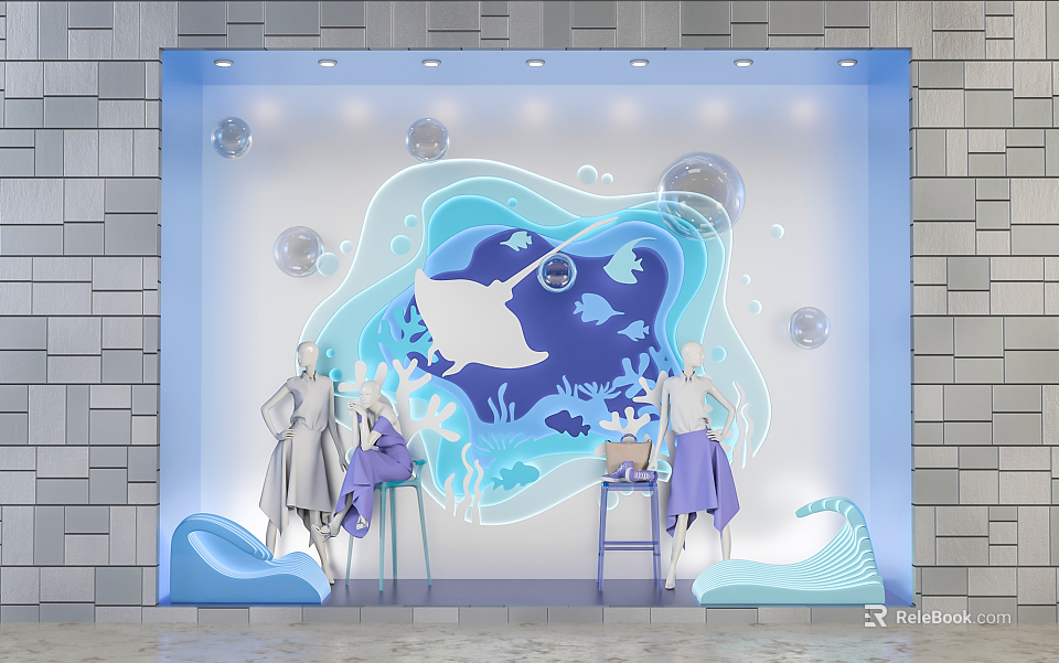 Fashion Store Window Display With Ocean Theme Bubbles Mannequins Clothing Coral And Wave Decorations 3d model 