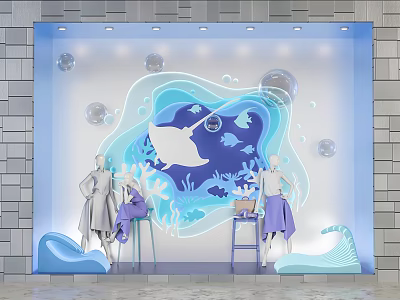 Fashion Store Window Display With Ocean Theme Bubbles Mannequins Clothing Coral And Wave Decorations 3d model