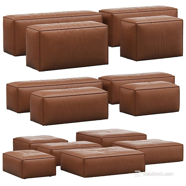 Modern Brown Leather Sofa Set With Modular Seating Units And Ottoman 3d model