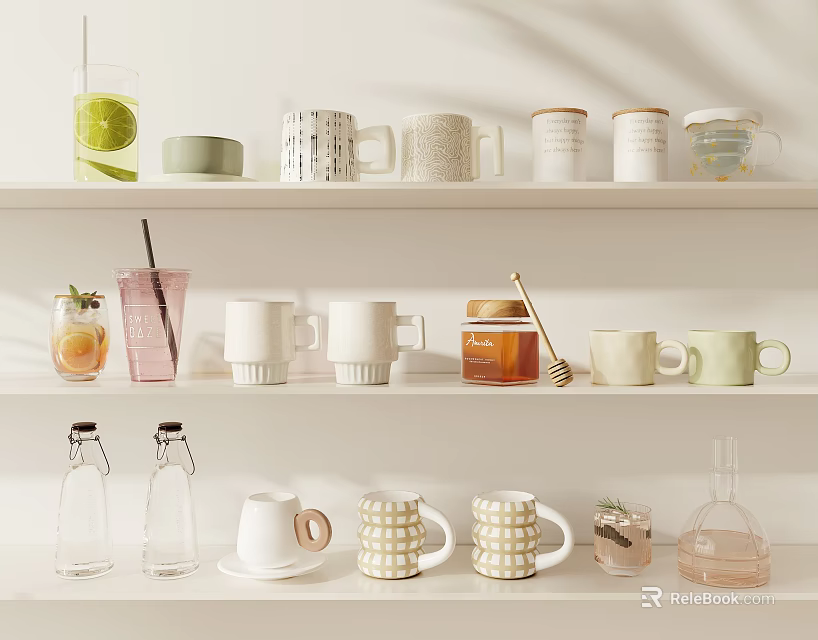 Modern Kitchen Storage Items on White Shelves With Mugs Glass Bottles Honey Jar and Drinks 3d model 