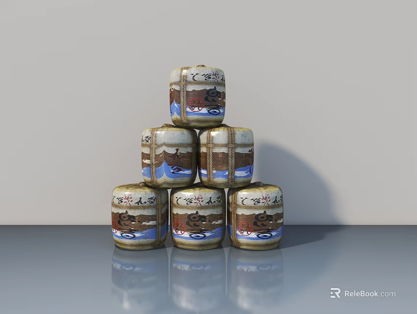 Commercial Equipment Six Stacked Patterned Cans On Smooth Surface 3d model 