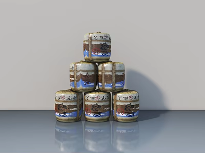 Commercial Equipment Six Stacked Patterned Cans On Smooth Surface 3d model