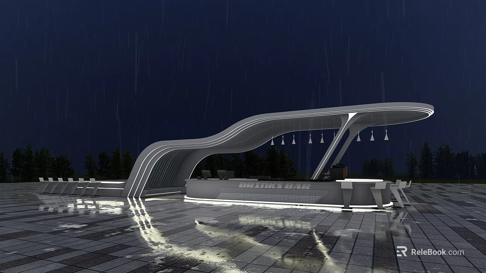 Modern Curved Pergola With Rainy Night Lighting Bar Counter And Wet Floor 3d model 