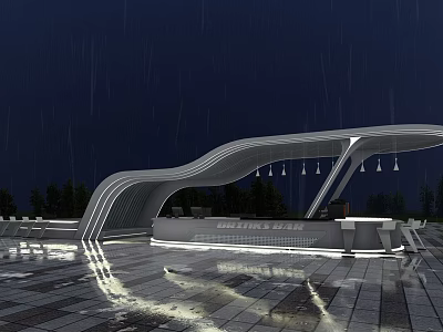 Modern Curved Pergola With Rainy Night Lighting Bar Counter And Wet Floor 3d model