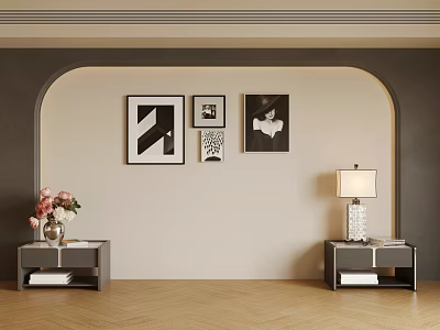 Elegant Arched Bedroom Accent Wall With Black White Artworks Nightstands Pink Flowers And Table Lamp 3d model