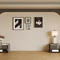 Elegant Arched Bedroom Accent Wall With Black White Artworks Nightstands Pink Flowers And Table Lamp