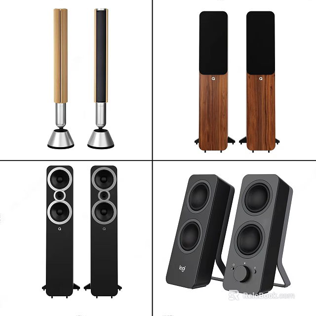 Modern Floor Standing And Bookshelf Speakers With Wooden And Black Design For Home Audio 3d model 