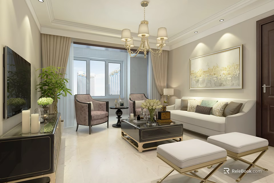 Elegant Large White Multi Seater Sofa In Bright Neoclassical Living Room Interior Decoration 3d model 