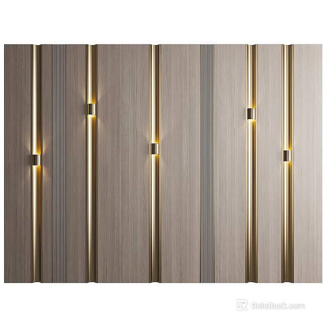 Elegant Modern Accent Wall With Wooden Texture And Golden Strips Built In Lighting 3d model 