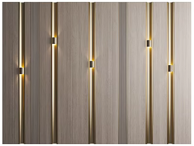 Elegant Modern Accent Wall With Wooden Texture And Golden Strips Built In Lighting 3d model