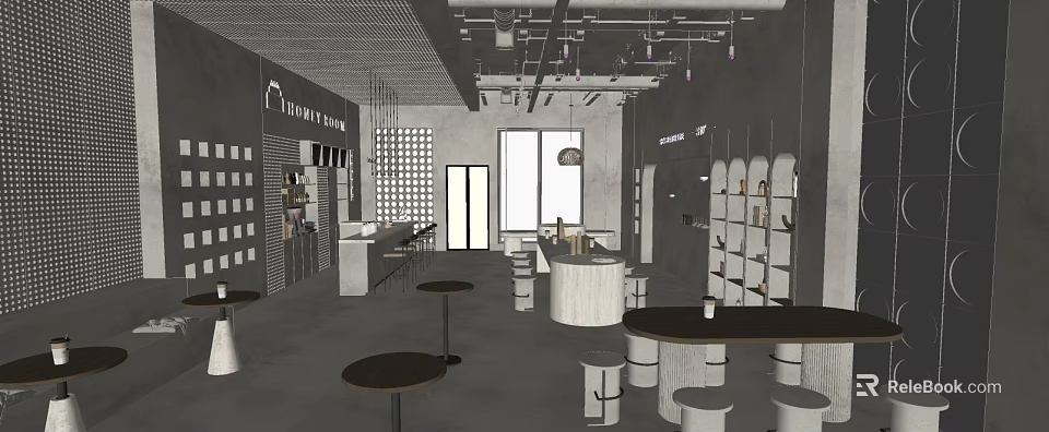 Modern Restaurant Interior With Gray Walls White Counters Round Tables And Display Shelves 3d model 