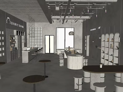 Modern Restaurant Interior With Gray Walls White Counters Round Tables And Display Shelves 3d model