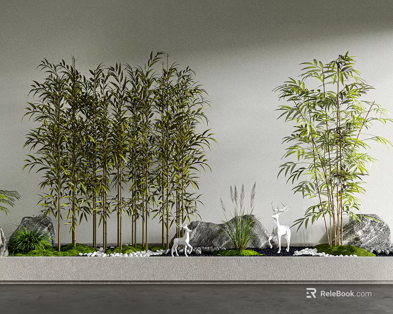 Lush Bamboo Grove Landscape With Natural Stones Deer Ornaments And Green Foliage 3d model 