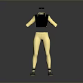 Fashionable Outfit With Black Cropped Top Golden Tight Pants Black Striped Shoes And Sunglasses