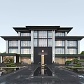 Modern Traditional Chinese Single Family Villa With Large Glass Windows Courtyard Water Feature And Trees