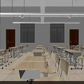 School Classroom Interior With Desks Chairs Blackboards Wall Decorations And Bright Lighting