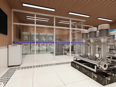 Modern Industrial Equipment Room With Water Pump System Glass Partition And Wooden Ceiling 3d model