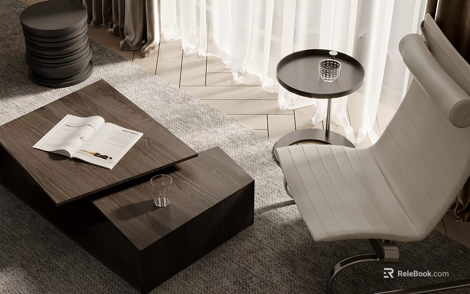 Wooden Coffee Table With Open Book And Glass Cup Near White Chair On Rug 3d model 