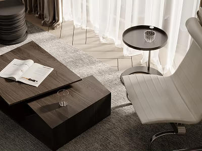 Wooden Coffee Table With Open Book And Glass Cup Near White Chair On Rug 3d model