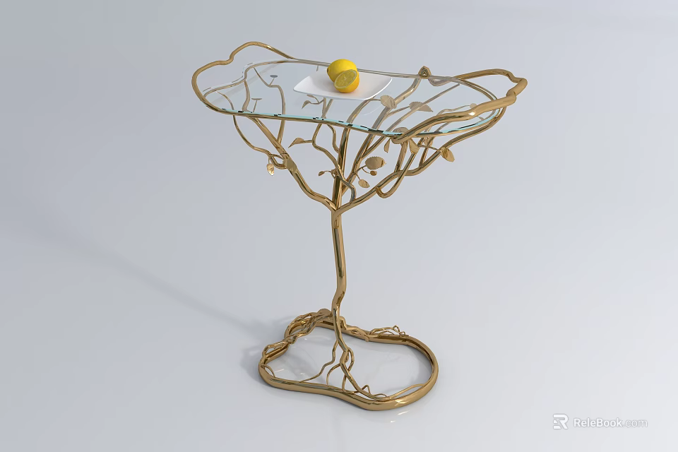 Elegant Tree Shaped Coffee Table With Gold Metal Frame And Glass Top Featuring Yellow Fruit 3d model 