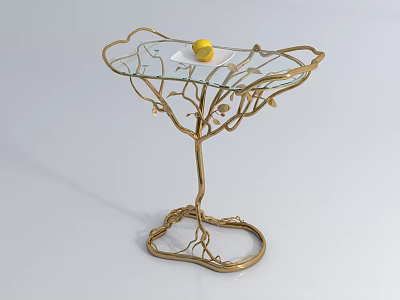 Elegant Tree Shaped Coffee Table With Gold Metal Frame And Glass Top Featuring Yellow Fruit 3d model