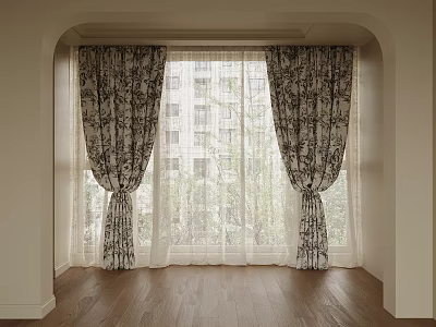 Beautiful Patterned Curtains With Sheer Panels For Arched Window Interior And Wooden Floor 3d model