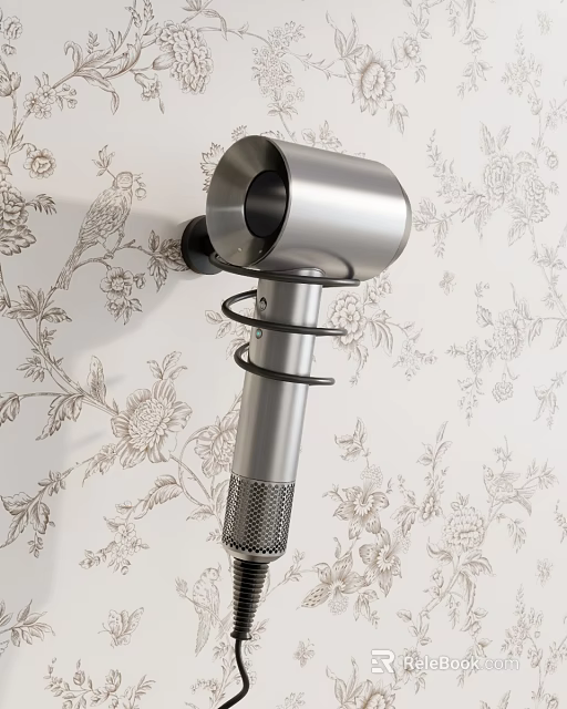 Modern Silver Hair Dryer On Wall Mounted Stand With Floral Wallpaper Background 3d model 