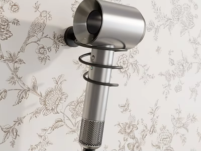 Modern Silver Hair Dryer On Wall Mounted Stand With Floral Wallpaper Background 3d model