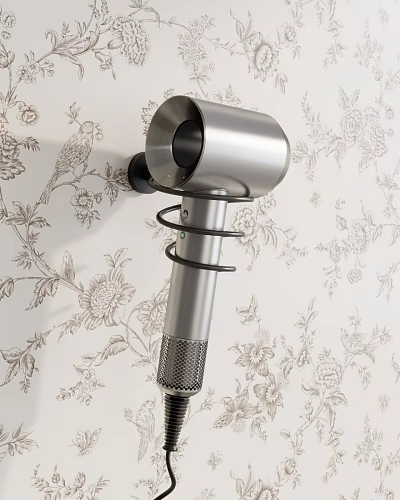 Modern Silver Hair Dryer On Wall Mounted Stand With Floral Wallpaper Background 3d model