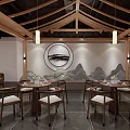 Traditional Chinese Restaurant Interior Featuring Wooden Roof Hanging Lights Round Tables And Chairs
