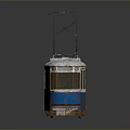 Old Blue And White Rusty Tram With Roof Pantograph On Dark Surface