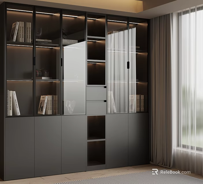 Modern Bookshelf Interior With Glass Doors LED Lighting And Open Shelves 3d model 