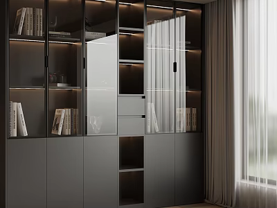 Modern Bookshelf Interior With Glass Doors LED Lighting And Open Shelves 3d model