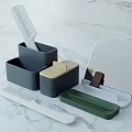 Functional Mirror With Storage Boxes And Combs On White Marble Countertop