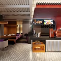 Modern Café Interior With Upper Level Seating Comfortable Chairs Geometric Floor And Hanging Lights