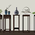 Chinese Style Wooden Tea Tables With Vases Potted Plants And Decorative Ornaments