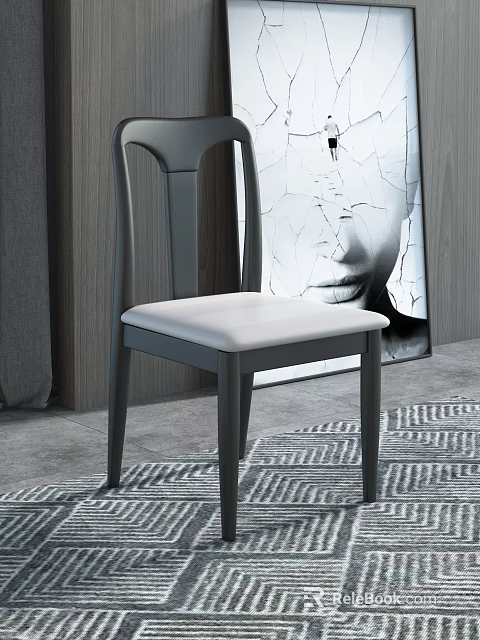 Modern Black Frame Dining Chair With White Cushion And Gray Floor Artwork 3d model 