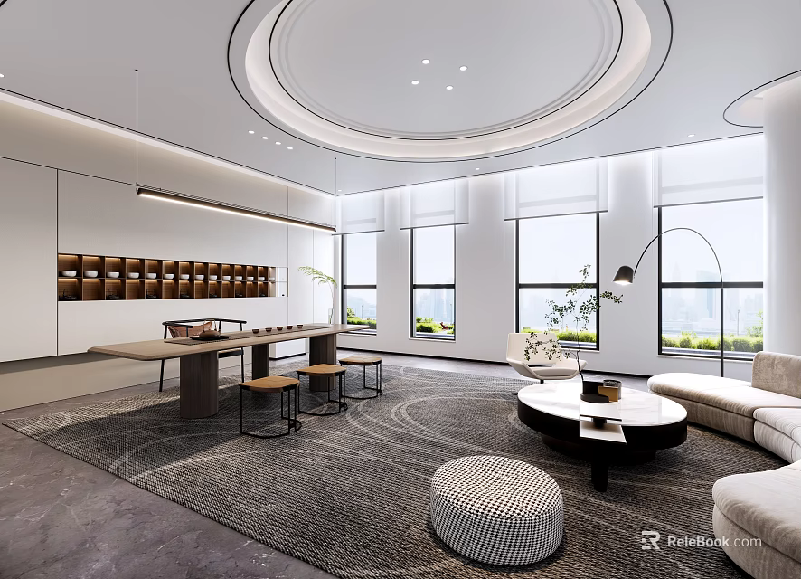 Modern Leisure Area Featuring Comfortable Sofa Round Coffee Table Textured Rug And Large Windows 3d model