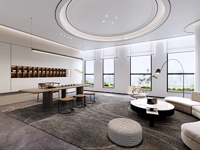 Modern Leisure Area Featuring Comfortable Sofa Round Coffee Table Textured Rug And Large Windows 3d model