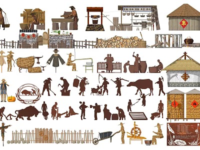 Landscape Sculptures Depicting Traditional Rural Life Scenes with Figures Farm Tools and Animals 3d model