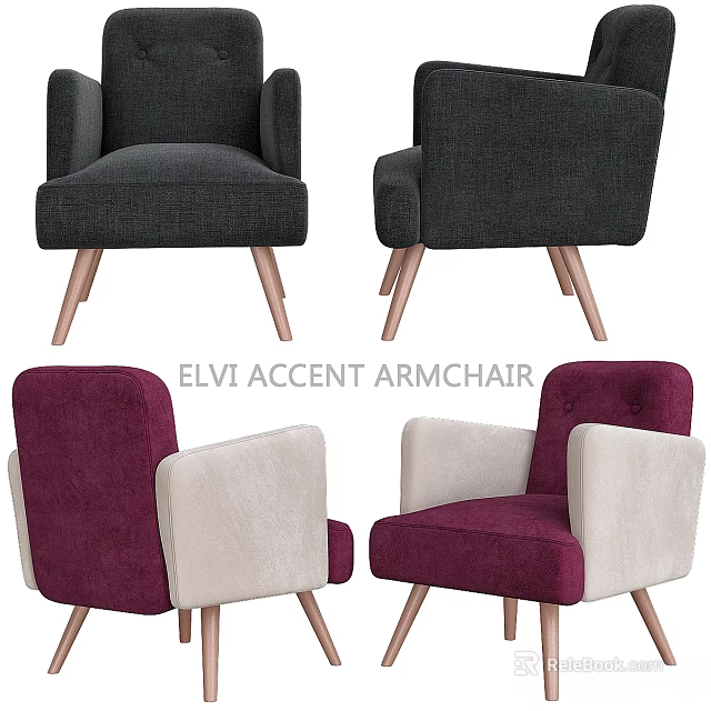 Modern Accent Armchair With Gray Purple Beige Fabric And Wooden Legs 3d model 