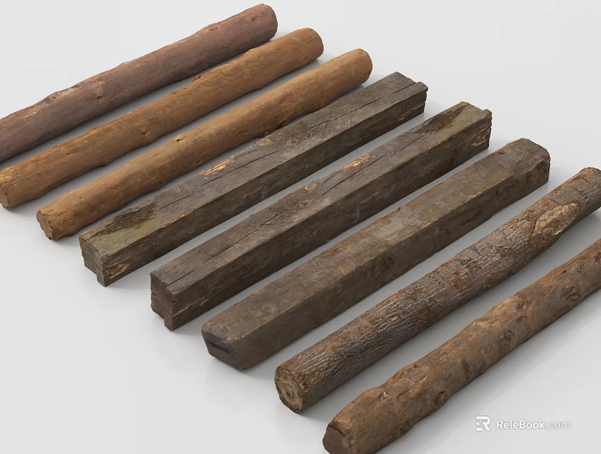 Wooden Components With Various Shapes Cylindrical And Rectangular Natural Texture Dark Light Brown 3d model