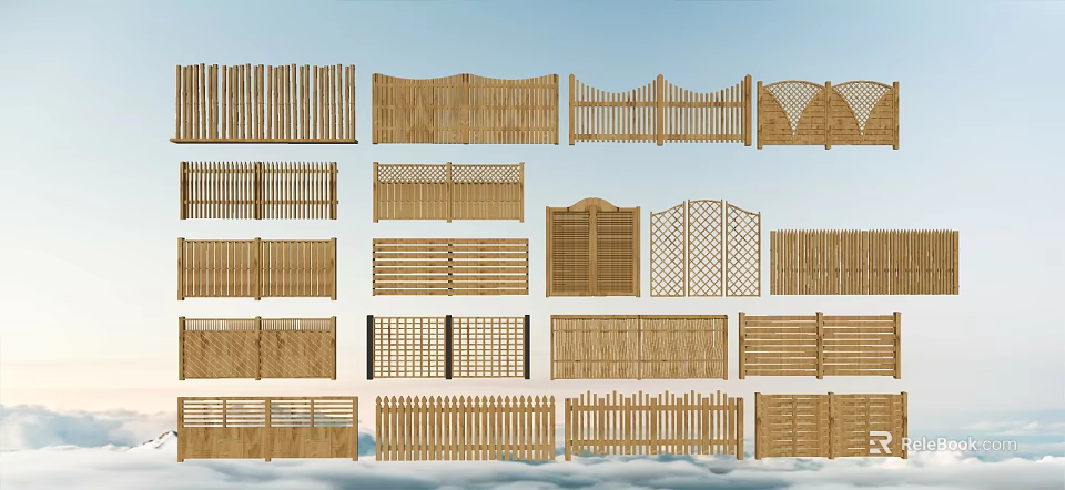 Various Wooden Fence Designs With Picket Slat Lattice And Panel Styles 3d model 