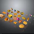 Assorted Colorful Fast Food Snacks Including Burgers Hotdogs Ice Cream And Drinks