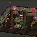 Medieval Workshop Interior With Wooden Pillars Red Banners Skull Symbols Workbench Tools And Crossbow