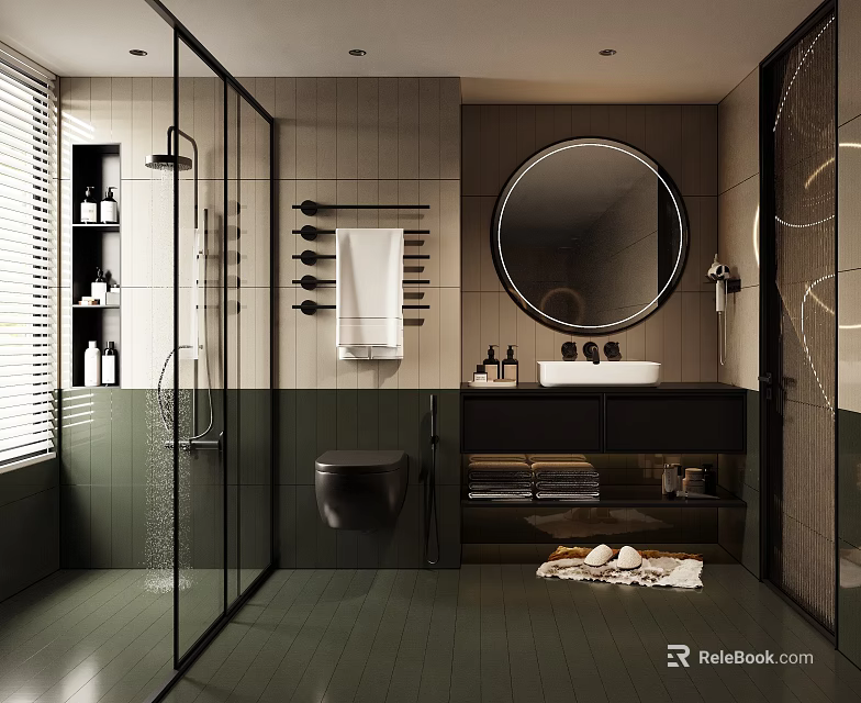 Modern Bathroom Interior Design With Glass Shower Round Mirror Dark Tiles And Wall Mounted Vanity 3d model 
