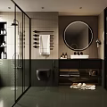Modern Bathroom Interior Design With Glass Shower Round Mirror Dark Tiles And Wall Mounted Vanity