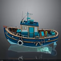 Blue and Orange Small Fishing Boat with Cabin Lifebuoy and Railing as Water Transport
