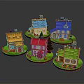 Cute Cartoon Scene With Multiple Colorful Roofed Houses And Small Trees On Green Lawns